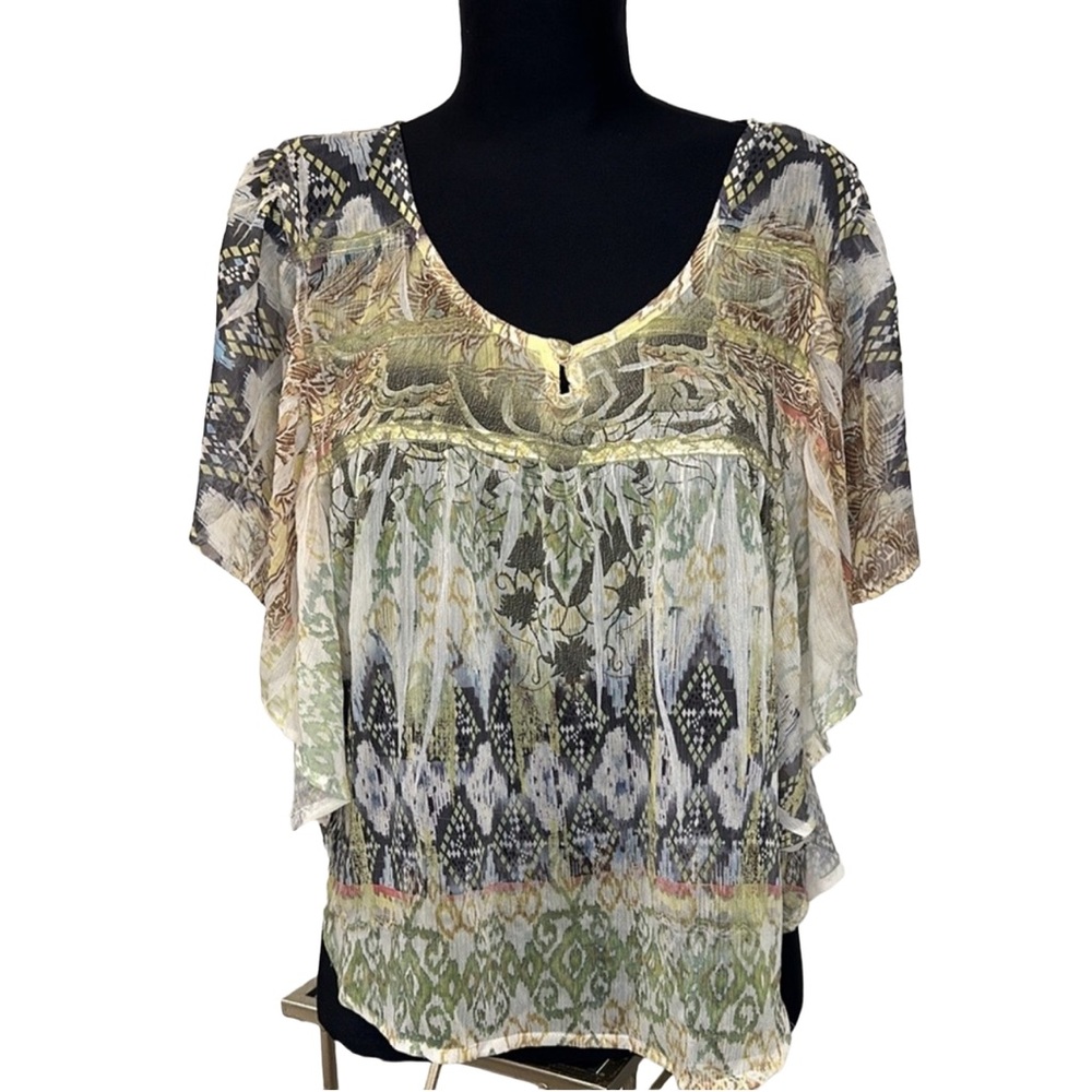 Flowing Flutter Sleeve Semi Sheer Blouse Earthtone Color Pallet Pattern Large